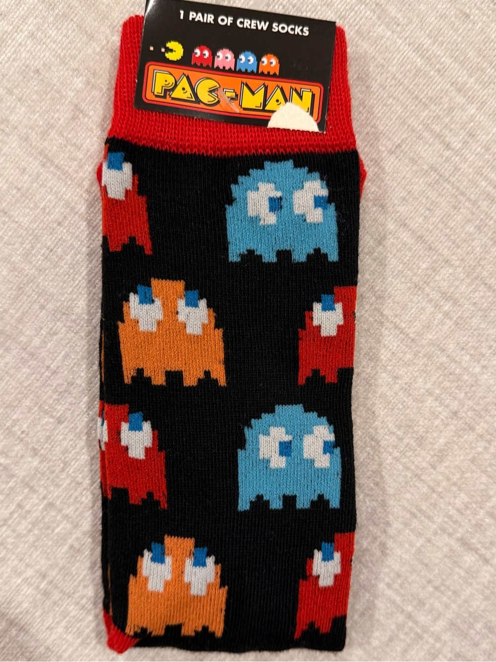 NWT Pac-Man Men’s Black Crew Socks with Red Trim and Ghost Motif